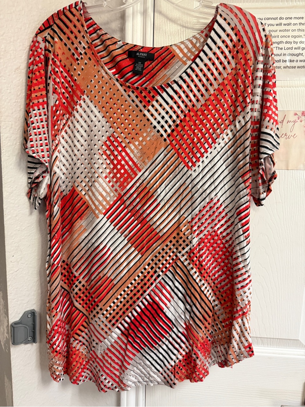 Alfani Short-Sleeve Geometric Print Top in Red, Tan & White
